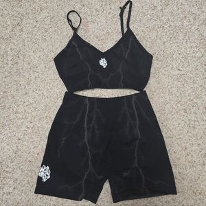 2 PIECE DarcSport Shorts + Bra Set - Tonal Black Lightning, both size Small